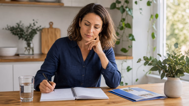 Perimenopause Symptoms: Sleep, Mood, Libido, and When to Get Help 1 Woman in her 40s reviewing a symptom journal and water at a kitchen table