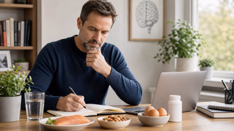 Phosphatidylserine for Memory: Stress, Focus, and Supplement Quality 10 Adult reviewing memory and focus goals at a desk with brain-health foods and a neutral supplement bottle