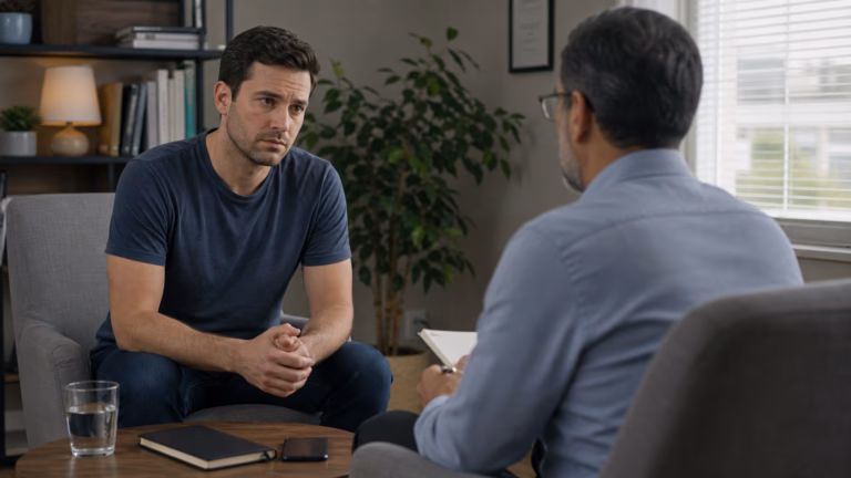Porn-Induced ED: Evidence, Anxiety, and Recovery Habits 1 Man in a private counseling setting with a notebook and phone face down discussing anxiety and recovery habits