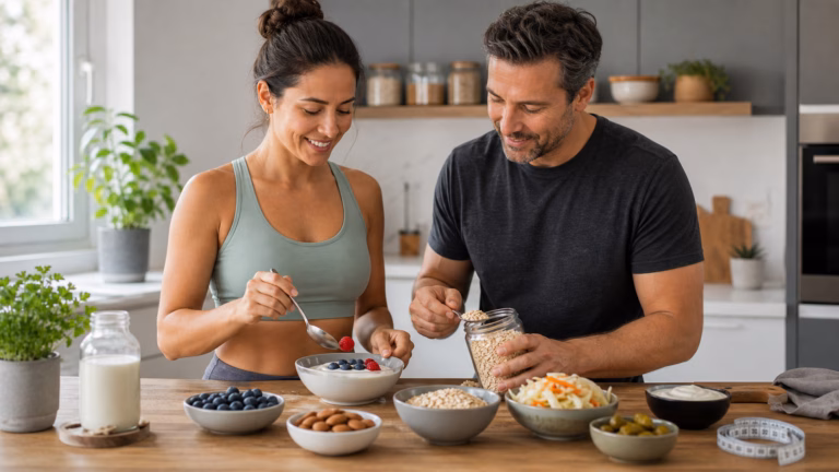Probiotics for Gut Health and Weight Management: What to Know 12 Adults preparing yogurt, berries, oats, and fermented vegetables for gut health and weight management