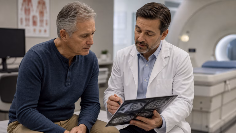 Prostate MRI After High PSA: What Men Should Ask 1 Older man reviewing a generic imaging folder with a doctor after a high PSA result