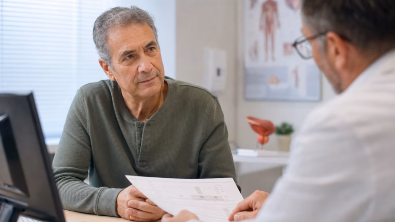 PSA Test Guide 2026: When Men Should Talk to a Doctor 1 Man discussing a PSA test report with a doctor in a clinic