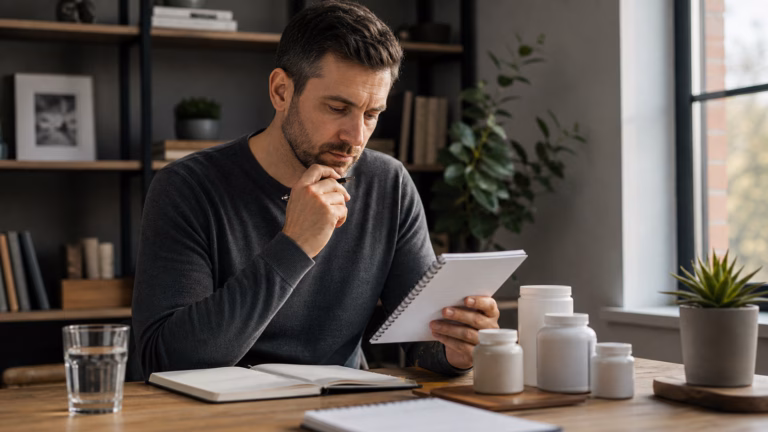 Racetams Complete Guide 2026: Piracetam, Aniracetam, and More 11 Adult reviewing nootropic safety notes at a desk with water and plain unbranded supplement containers