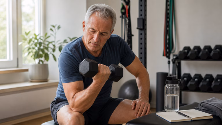 Adult over 50 doing controlled resistance training with dumbbells and a recovery notebook nearby