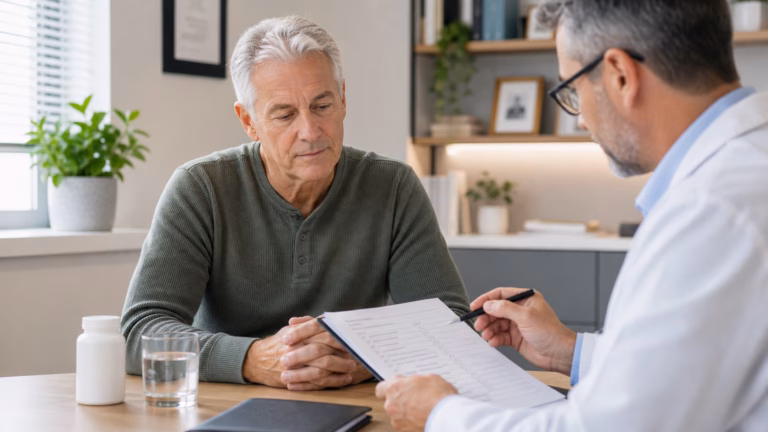 Saw Palmetto for Prostate Health: Urinary Symptoms and Safety 2 Older man reviewing prostate health and urinary symptom notes with water and a neutral supplement bottle