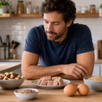 Man reviewing selenium-rich foods including Brazil nuts, eggs, tuna, and whole grains