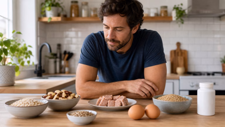 Selenium for Men: Thyroid, Fertility, and Safety Limits 4 Man reviewing selenium-rich foods including Brazil nuts, eggs, tuna, and whole grains