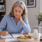 Adult over 50 reviewing healthy aging research notes with water, walking shoes, and a neutral supplement bottle