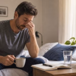 Adult in a morning bedroom with sunlight, a sleep journal, alarm clock, and water