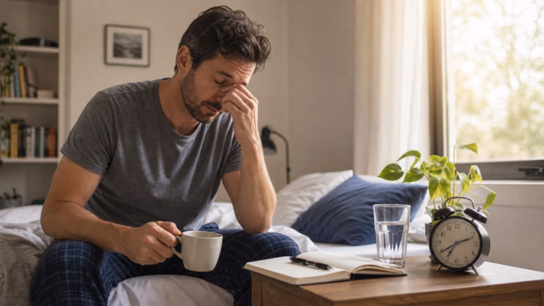 Sleep Debt: How Catch-Up Sleep Affects Energy and Hormones 8 Adult in a morning bedroom with sunlight, a sleep journal, alarm clock, and water