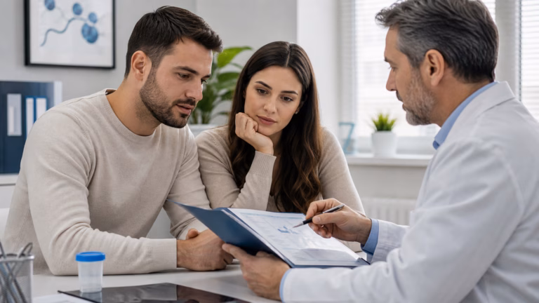 Sperm Morphology: What Results Mean and What Men Can Change 6 Couple reviewing a generic fertility lab results folder with a clinician in a private consultation