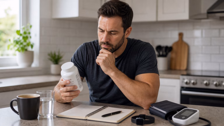 Thermogenic Fat Burners: Best Supplements for Metabolic Enhancement 2026 6 Adult reviewing coffee, water, a neutral supplement bottle, and a blood pressure cuff for stimulant safety