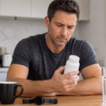 Adult reviewing coffee, water, a neutral supplement bottle, and a blood pressure cuff for stimulant safety