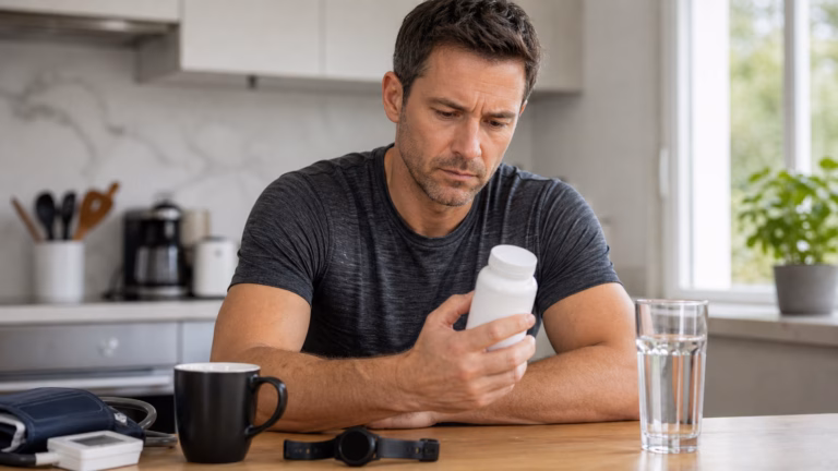 Thermogenic Supplements: Caffeine, Yohimbine, and Safety Red Flags 1 Adult reviewing coffee, water, a neutral supplement bottle, and a blood pressure cuff for stimulant safety