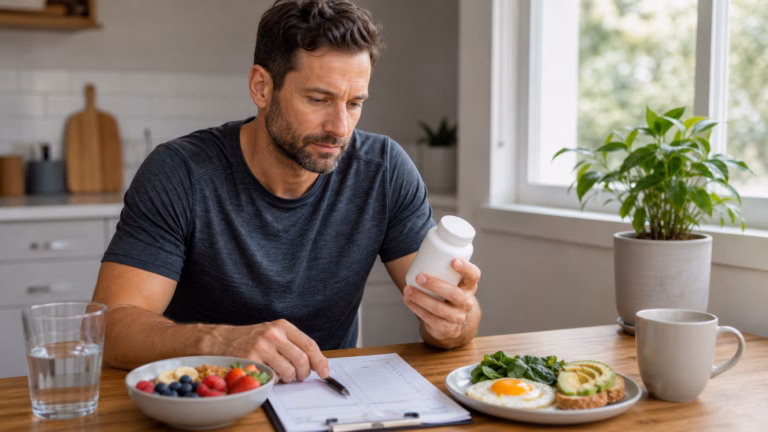 Tongkat Ali for Testosterone: Evidence, Dose Quality, and Risks 2 Man reviewing an unbranded Tongkat Ali supplement with healthy food and a supplement quality checklist