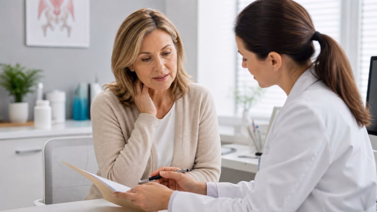 Vaginal Dryness and Libido: Causes, Menopause, and Treatment Options 2 Middle-aged woman discussing menopause-related symptoms with a clinician in a respectful consultation