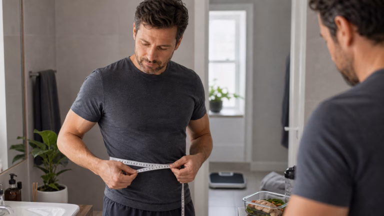 Waist Circumference and Testosterone: Why Belly Fat Matters 2 Man measuring waist circumference at home as part of metabolic and testosterone health tracking