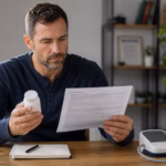 Man reviewing yohimbine supplement safety with water and a blood pressure monitor nearby