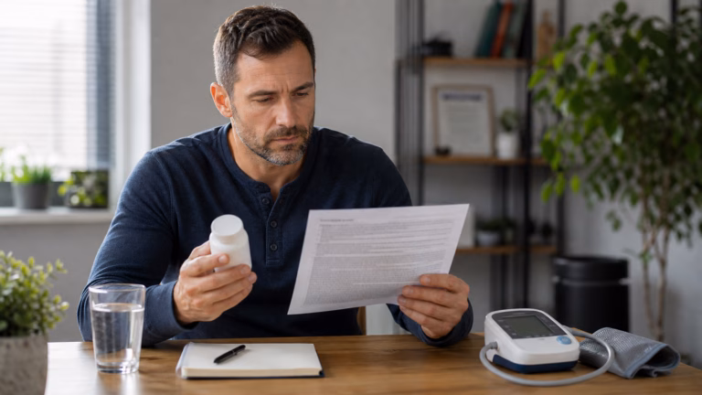Yohimbine for Men: Fat Loss, ED Claims, and Safety Concerns 12 Man reviewing yohimbine supplement safety with water and a blood pressure monitor nearby