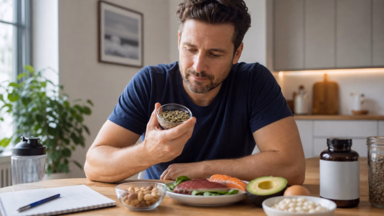 Zinc for Men: Testosterone, Sperm Health, and Supplement Safety 5 Man reviewing zinc-rich foods and supplement safety at a kitchen table